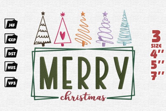 Modern Framed Merry Christmas with Whimsical Trees Embroidery Design